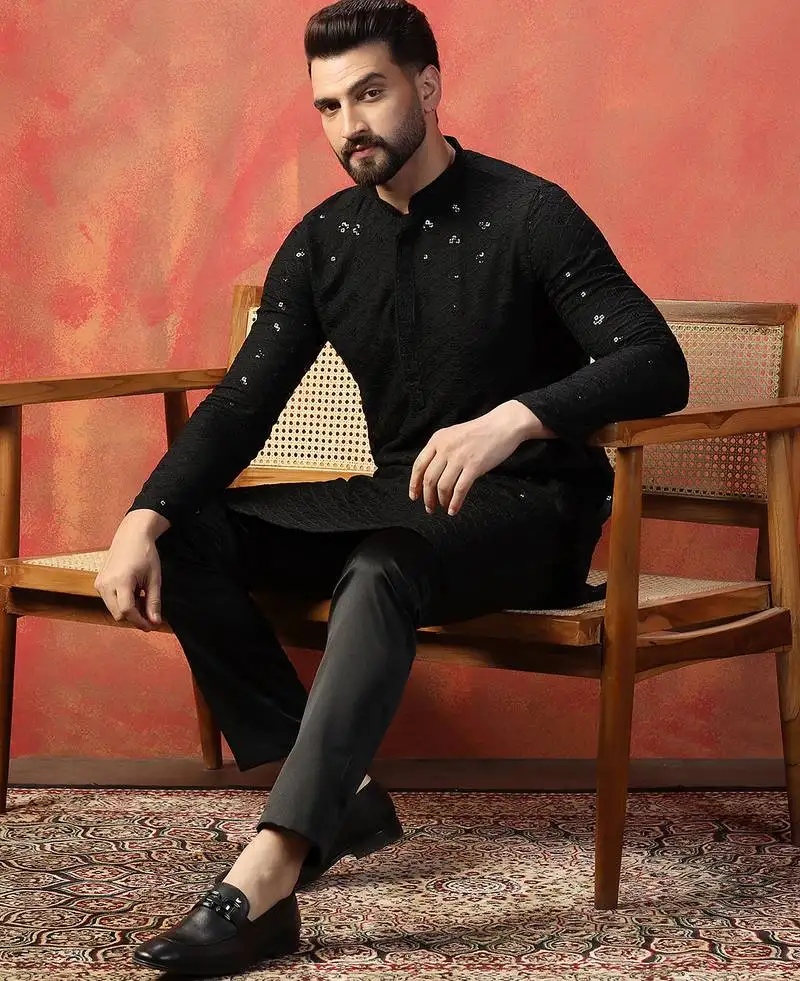 Black sequins kurta pant set party wear indian ethnic outfit for men