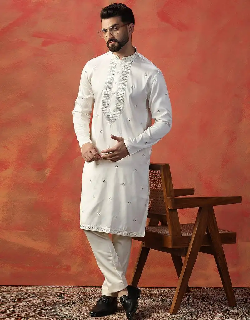 White embroidered kurta pant set   elegant indian outfit for ceremonies