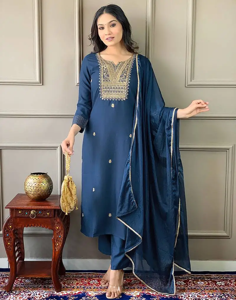 Blue embroidery viscos stiched straight kurta pant set with dupatta