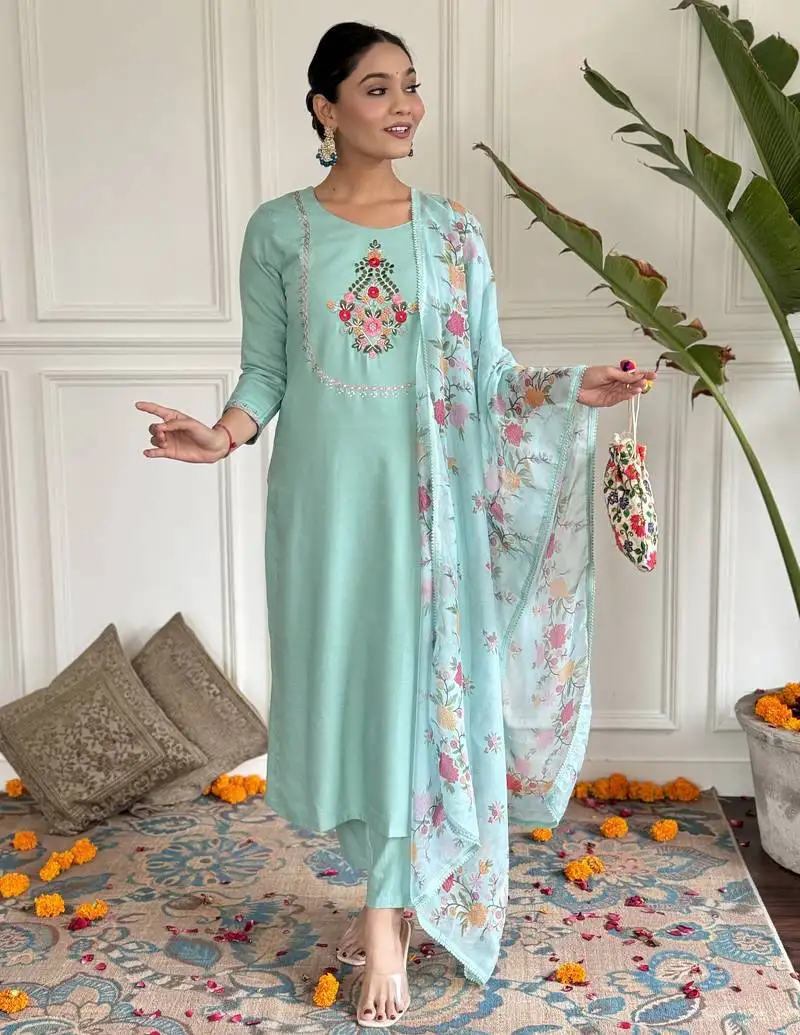 Women's firozi rayon embroidered straight kurta with rayon pant and silk printed dupatta sets