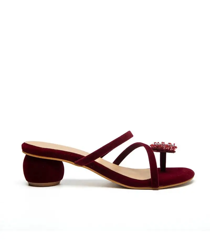 Maroon velvet finish block heels