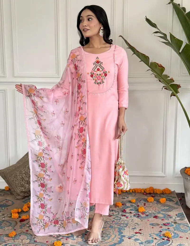 Women's peach rayon embroidered straight kurta with rayon pant and silk printed dupatta sets