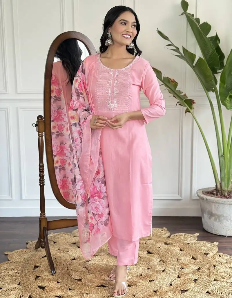 Women's pink rayon slub embroidered straight kurta with rayon slub pant and silk printed dupatta sets