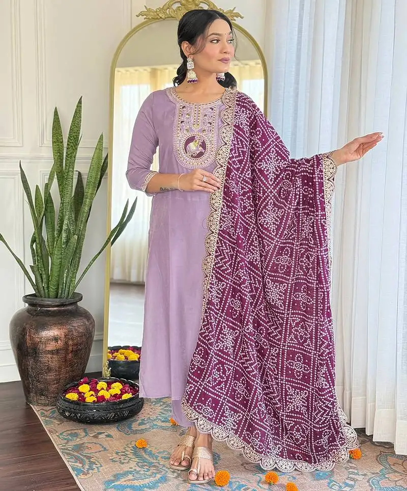 Women's levender viscose embroidered straight kurta with viscose pant and silk blend embroidered laced dupatta sets