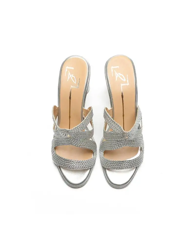 Silver leather block heels