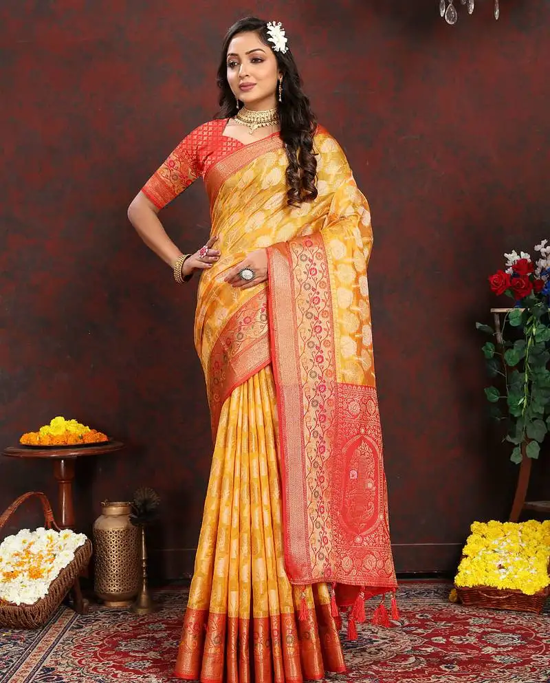 Yellow zari embroidey work silk designer saree with blouse piece