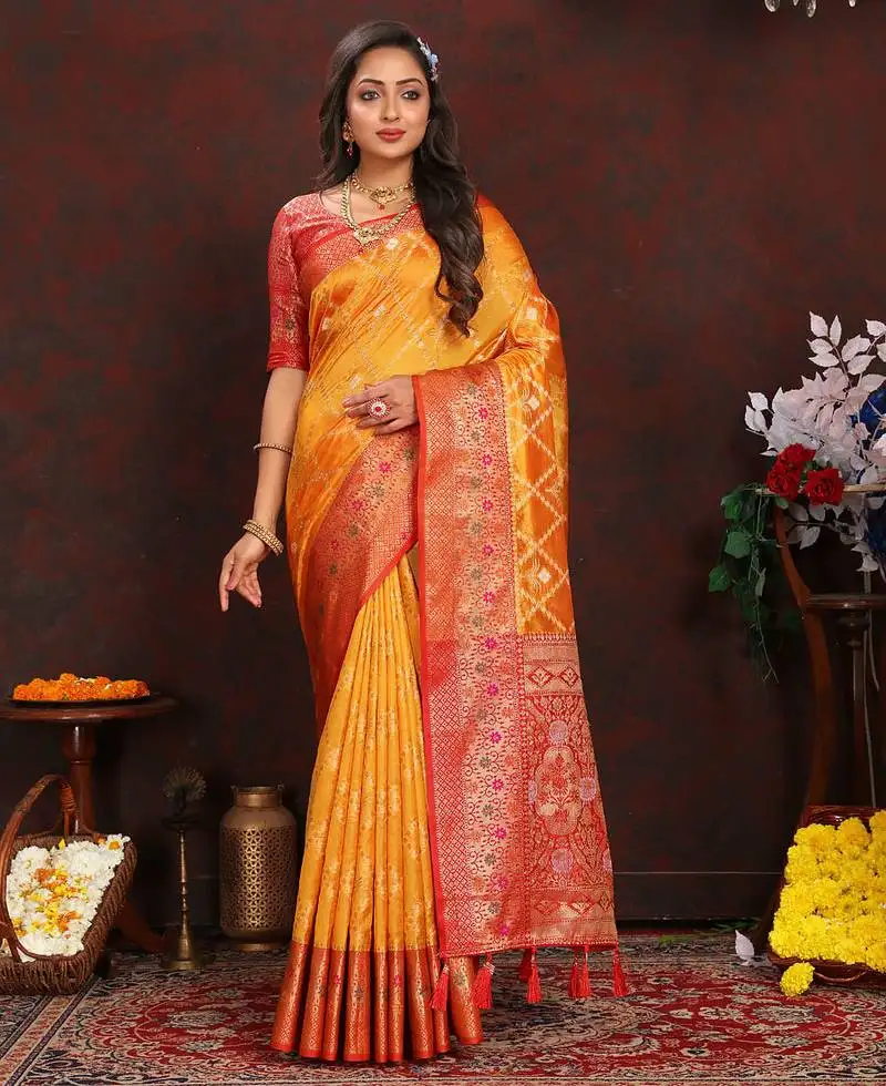 Yellow meenakari weaving work organza silk saree with blouse piece