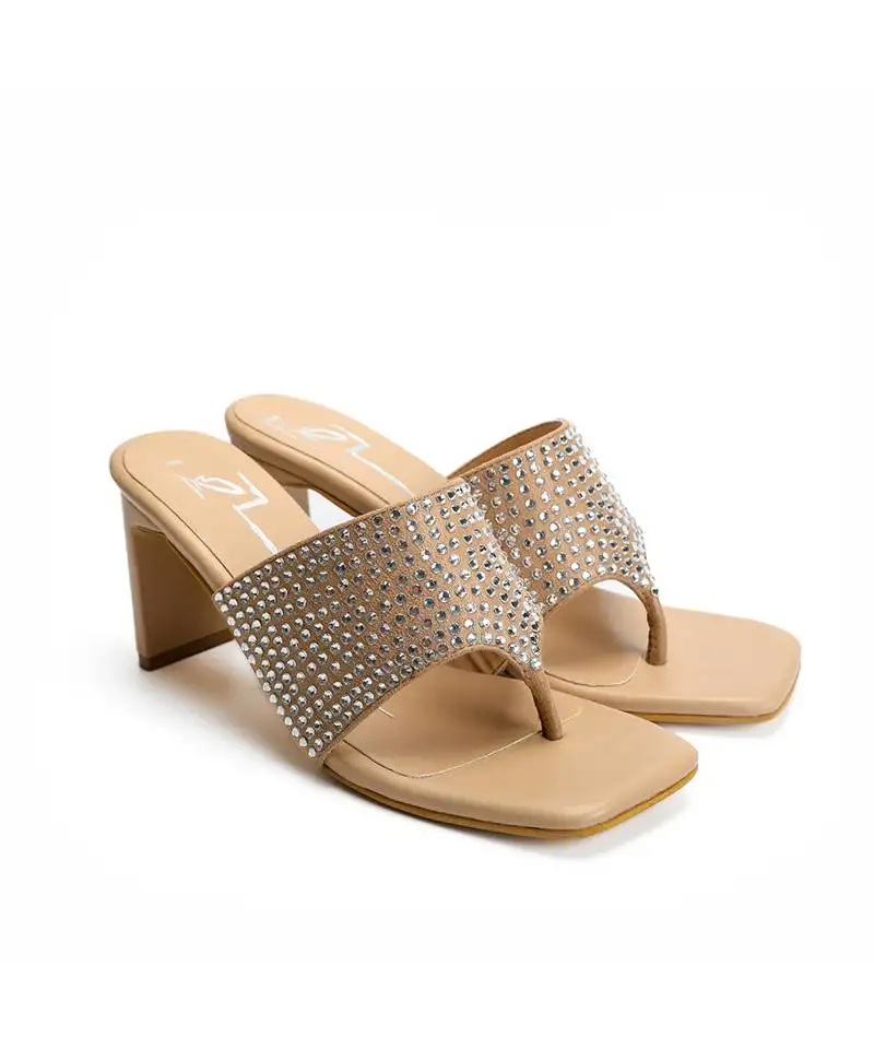 Beige leather block heels