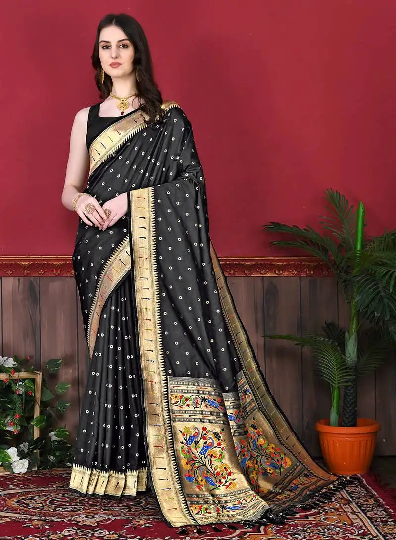 Black zari weaving paithani silk blend festival saree with blouse