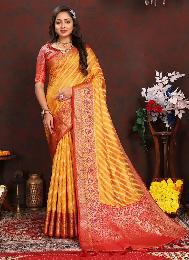 Yellow meenakari weaving work organza festival wear saree with blouse piece