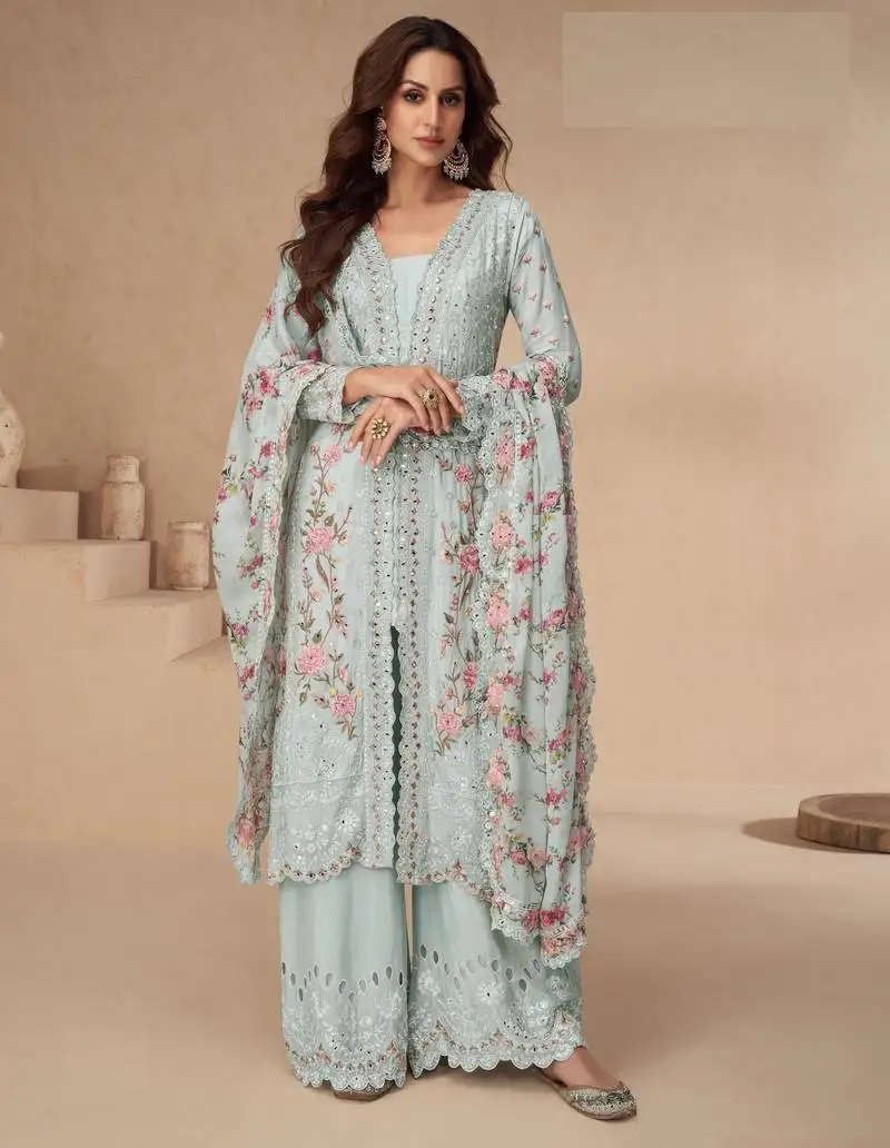 Grey embroidered chinon silk palazzo style salwar suit semi stitched