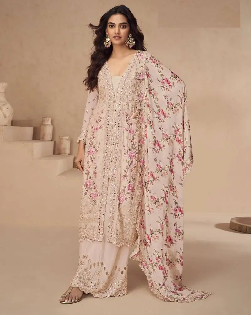 Peach embroidered chinon silk palazzo style salwar suit semi stitched