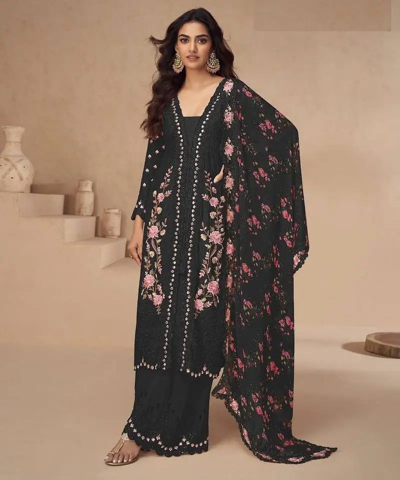 Black embroidered chinon silk palazzo style salwar suit semi stitched