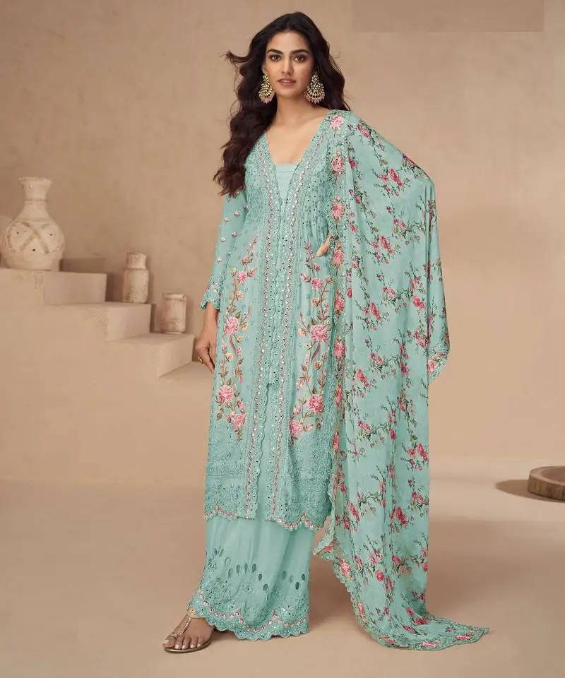 Sky embroidered chinon silk palazzo style salwar suit semi stitched