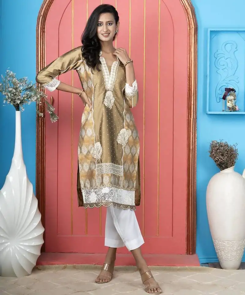 Antique-gold embroidered silk straight cut kurta