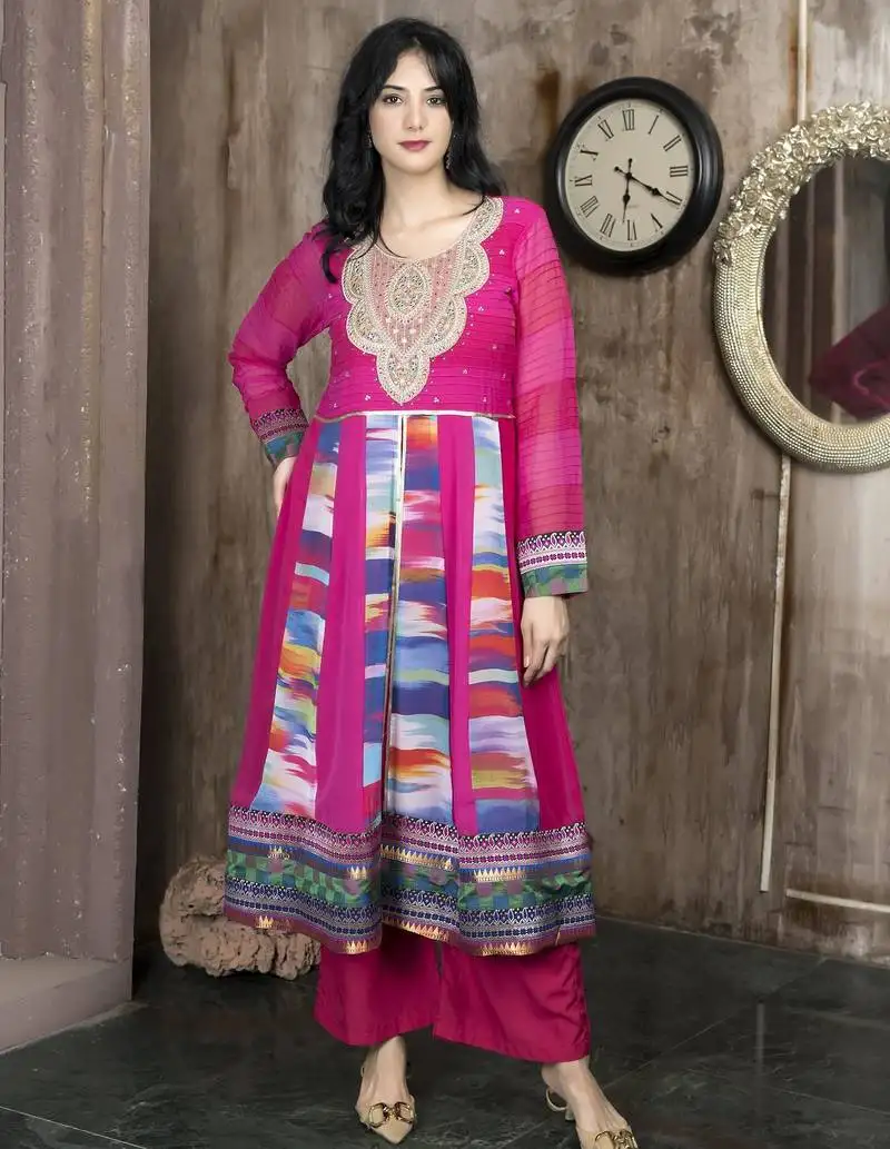 Pink embroidered georgette asymmetrical kurta