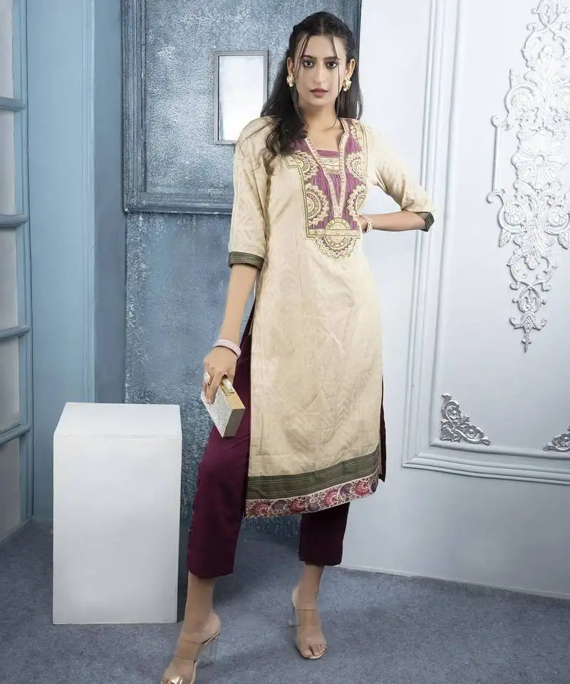 Beige embroidered silk straight cut kurta