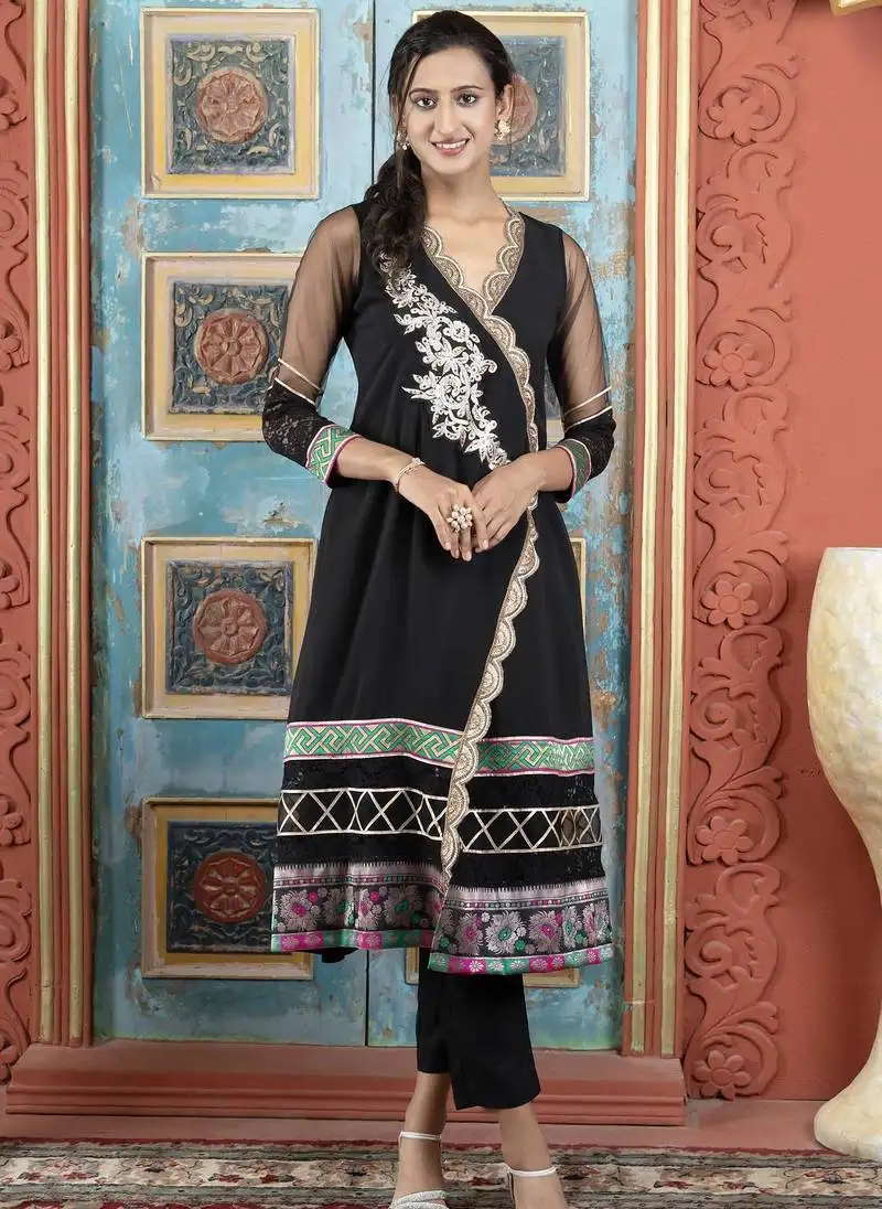 Black embroidered georgette asymmetrical kurta