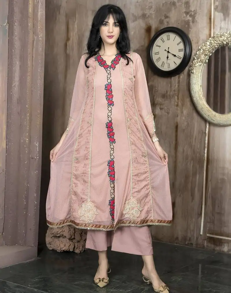 Peach embroidered net anarkali kurta
