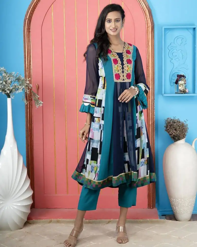 Navy-blue embroidered georgette anarkali kurta