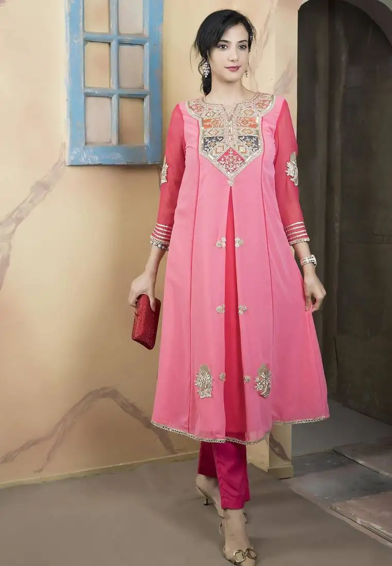 Light-pink embroidered georgette asymmetrical kurta