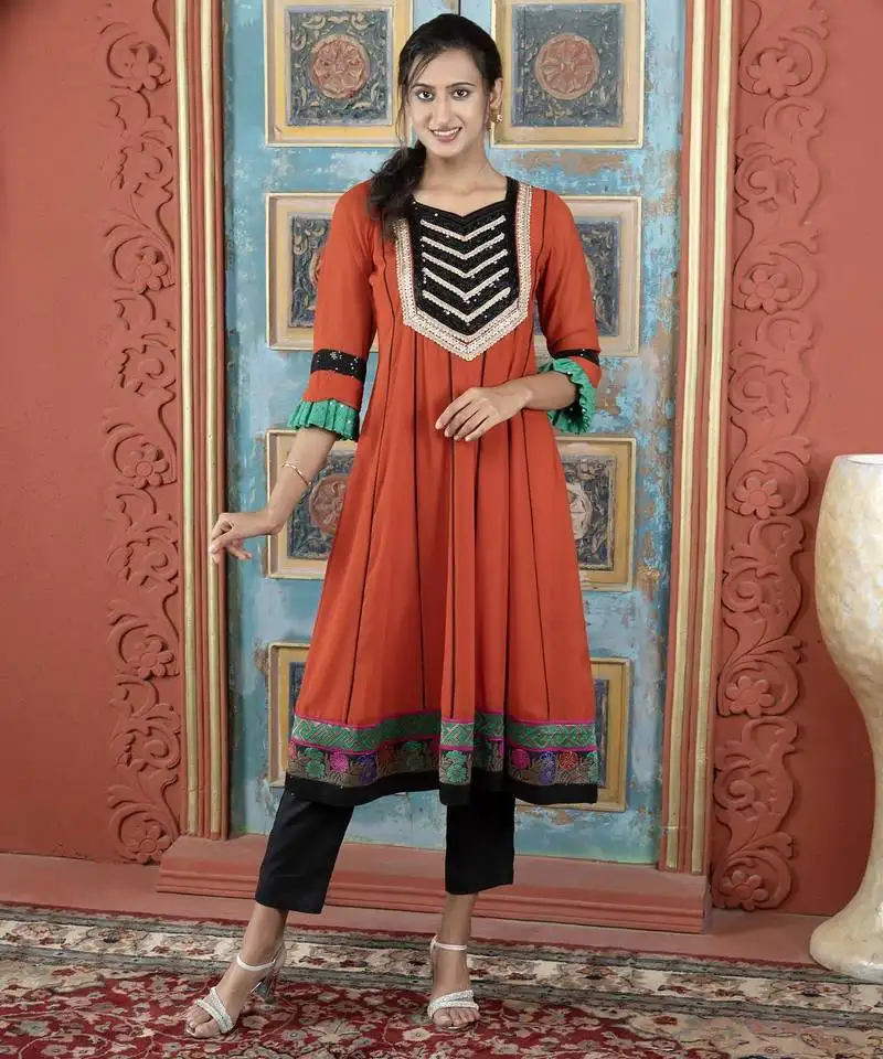 Brown embroidered georgette anarkali kurta