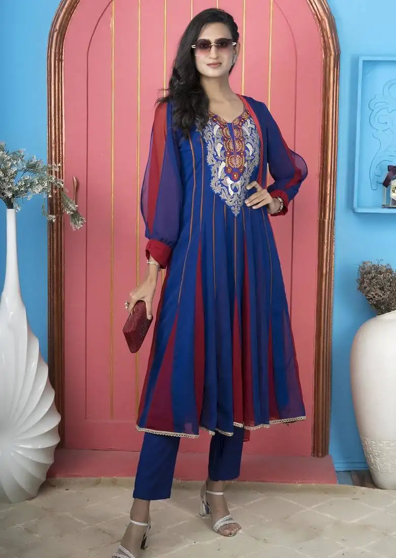 Royal-blue embroidered georgette anarkali kurta