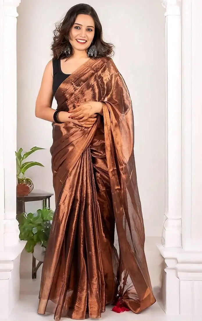 Brown handloom raga tissue dual tone saree with pom pom and blouse