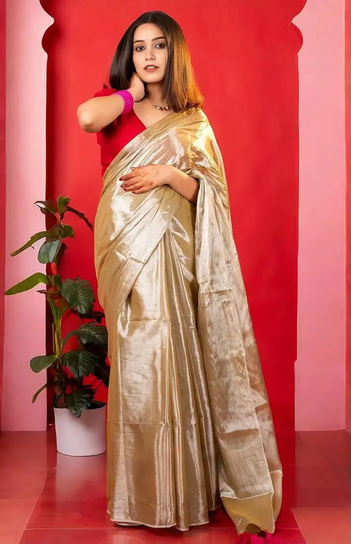 Chiku handloom raga tissue dual tone saree with pom pom and blouse