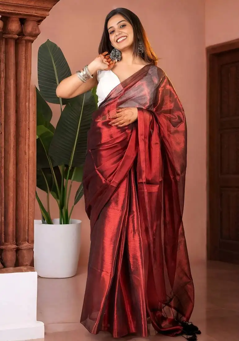 Maroon handloom raga tissue dual tone saree with pom pom and blouse