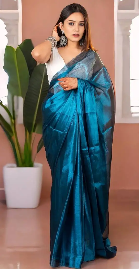 Rama handloom raga tissue dual tone saree with pom pom and blouse