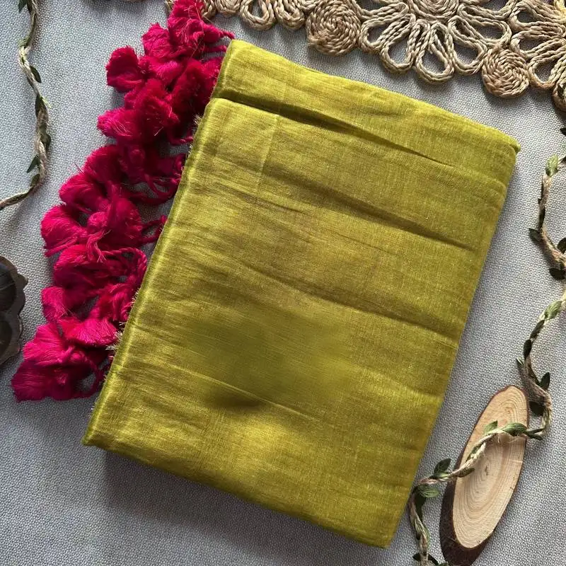 Yellow handloom raga tissue dual tone saree with pom pom and blouse