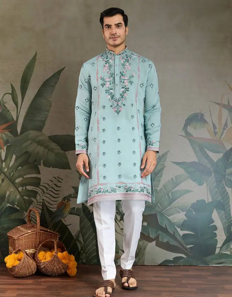 Sky blue viscose silk thead with sequins embroidered work wedding function festival party wear straight kurta