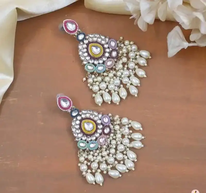 Handcrafted multicolor kundan pearl chandbali earrings | traditional ethnic gold-plated indian jewelry