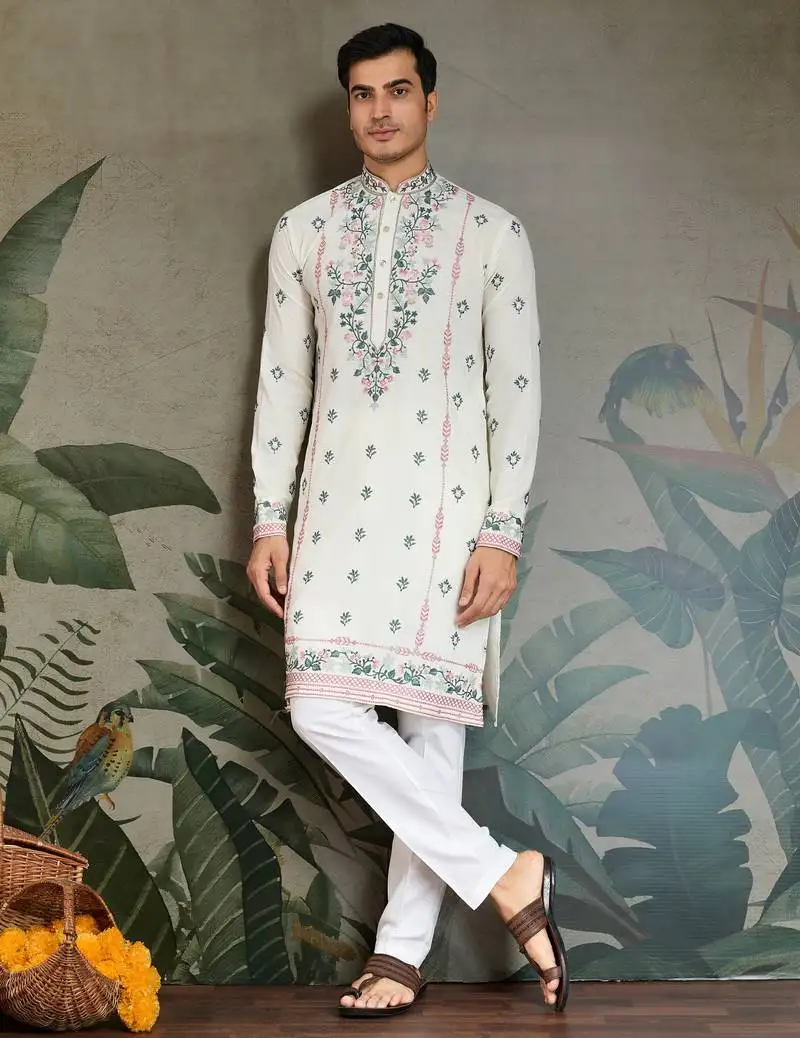 White viscose silk thead with sequins embroidered work wedding function festival party wear straight kurta