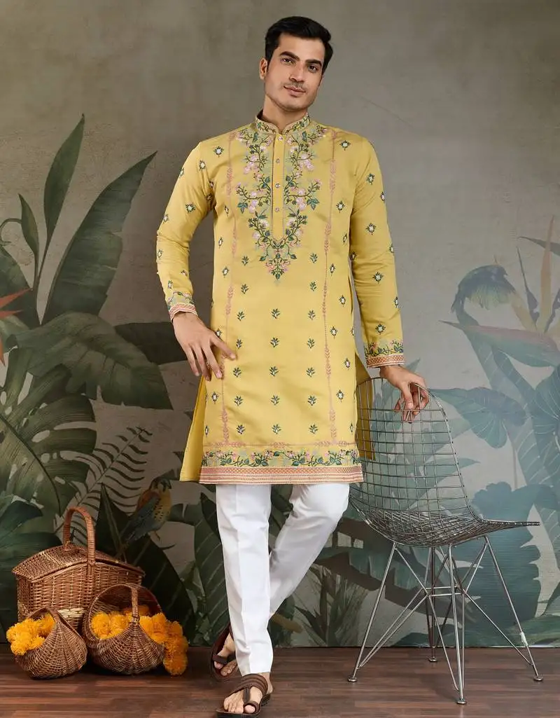 Yellow viscose silk thead with sequins embroidered work wedding function festival party wear straight kurta