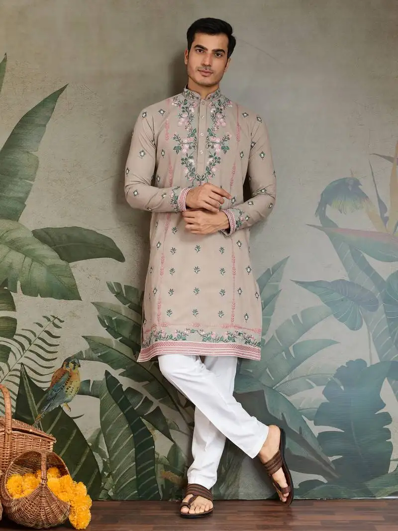 Beige viscose silk thead with sequins embroidered work wedding function festival party wear straight kurta