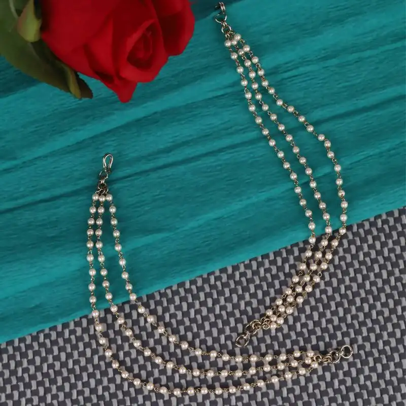 Traditional trendy 3 string long chain gold plated set of 2 pearl ear-chain(kaanchain) for women