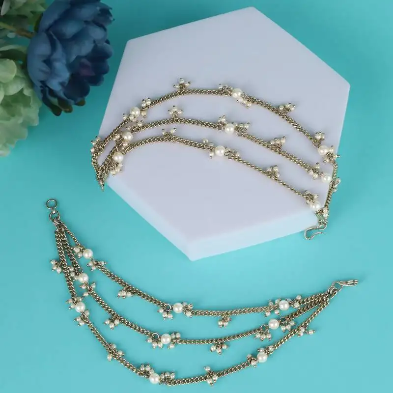 Traditional stylish 3 string long chain gold plated set of 2 pearl ear-chain(kaanchain) for women