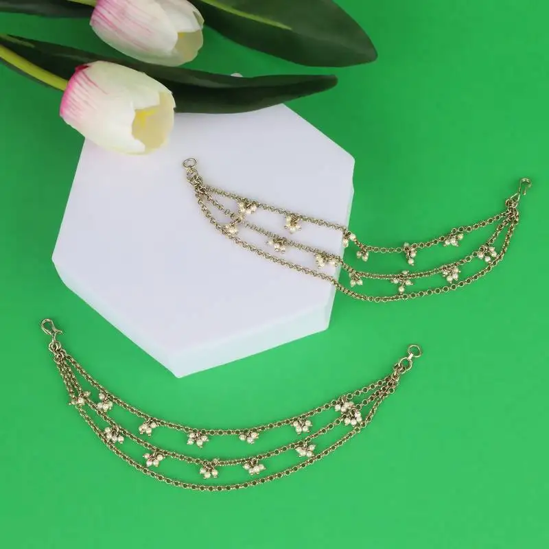 Pleasing 3 string long chain gold plated set of 2 pearl ear-chain(kaanchain) for women