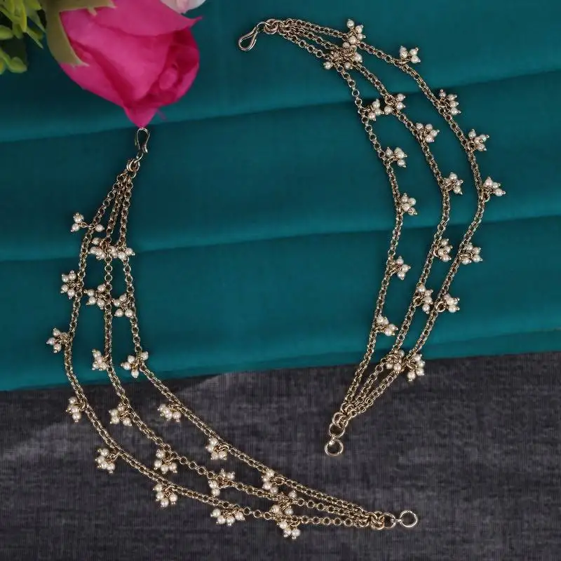 Marvellous 3 string long chain gold plated set of 2 pearl ear-chain(kaanchain) for women