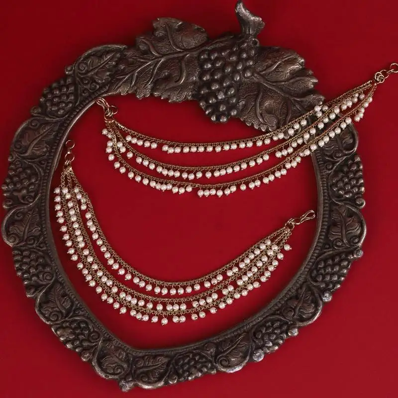 Splendid 3 string long chain gold plated set of 2 pearl ear-chain(kaanchain) for women