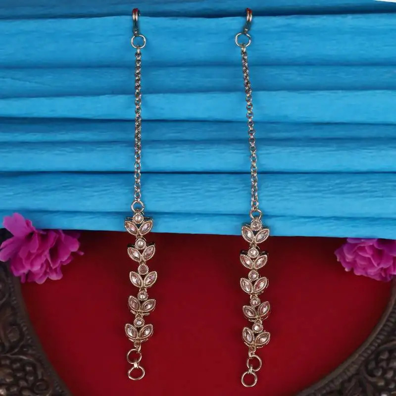 Traditional leaf design long chain gold plated set of 2 ear-chain(kaanchain) for women