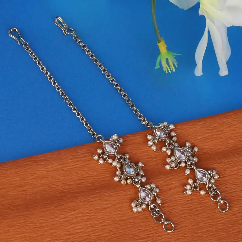 Traditional oval shape long chain gold plated set of 2 pearl ear-chain(kaanchain) for women