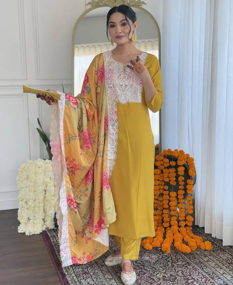 Women's yellow viscose embroidered flared kurta with viscose pant and art silk embroidered laced dupatta sets
