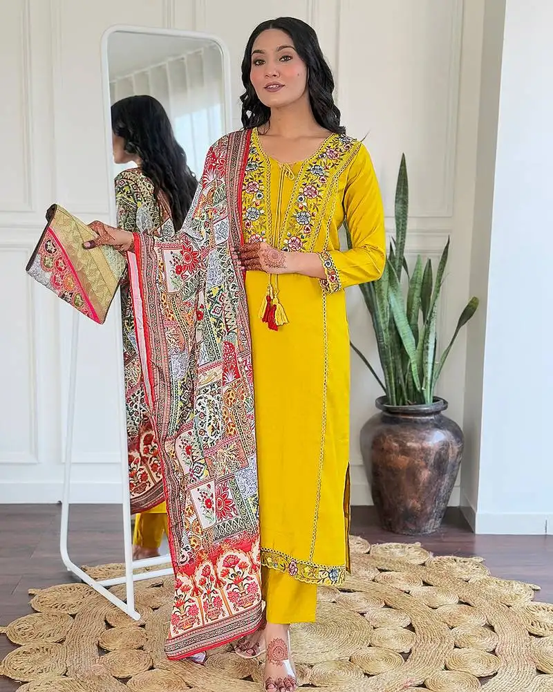 Women's mustard viscose embroidered straight kurta with viscose pant and art silk printed dupatta sets