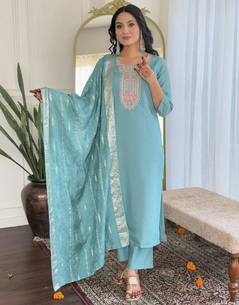 Women's sky chanderi embroidered straight kurta with chanderi pant and viscose jacquard printed dupatta sets