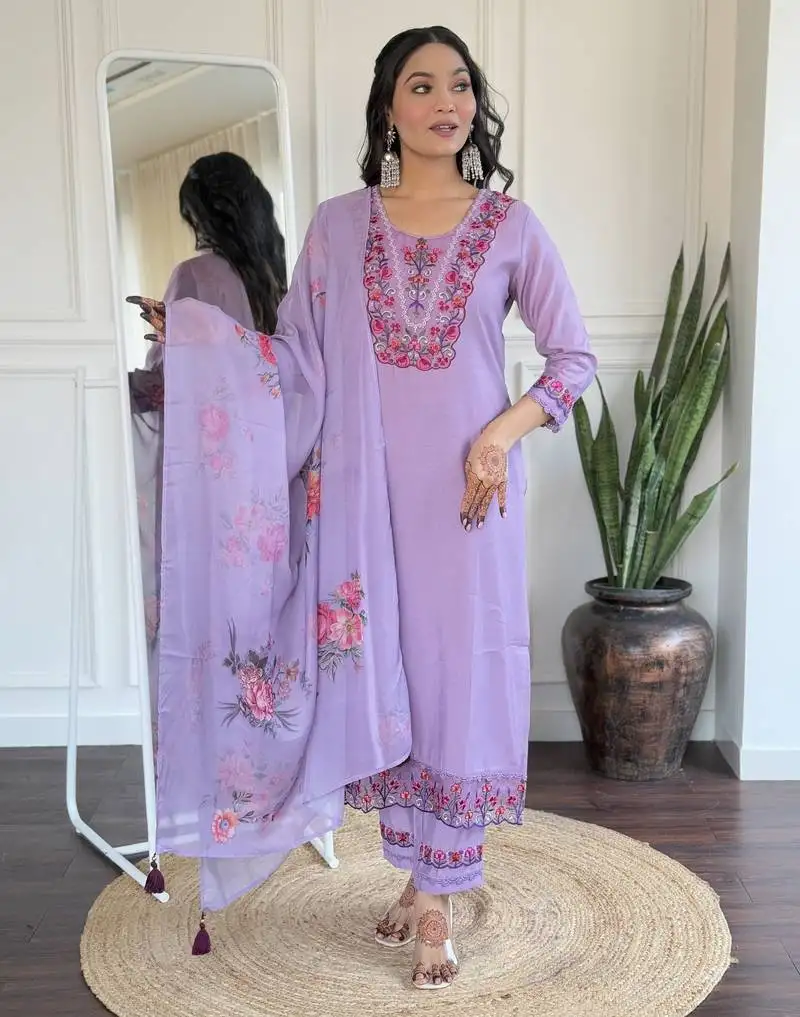Women's levender viscose embroidered straight kurta with viscose pant and taby printed dupatta sets