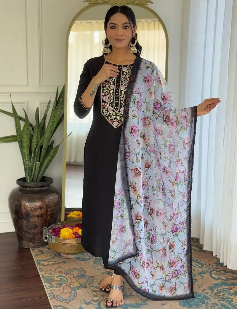 Women's black rayon embroidered straight kurta with pant and dupatta sets