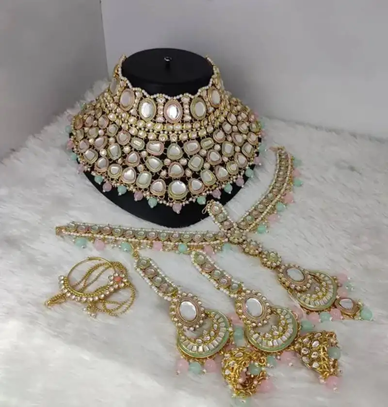 Pastel perfection kundan bridal set - complete mother of pearl choker with matching mathapatti, earrings